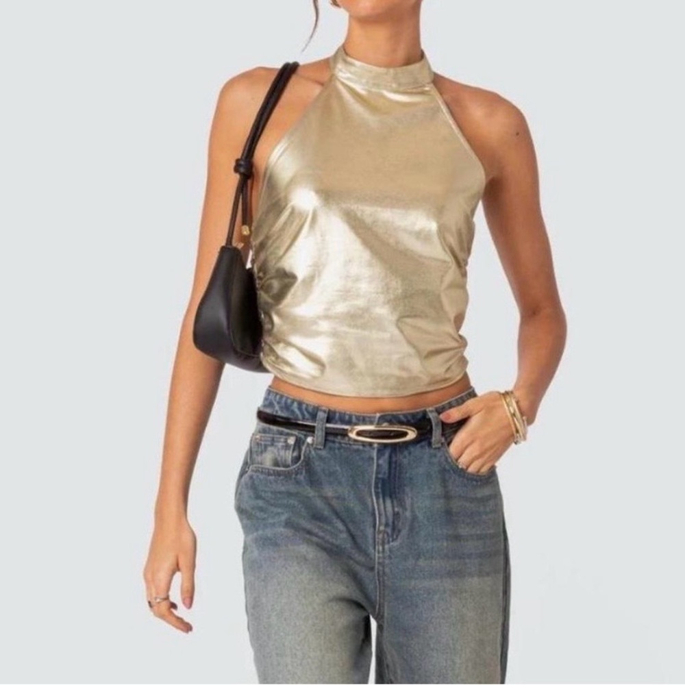 NWT Edikted Metallic Gold Halter Neck Top Size Small Shiny Dressy